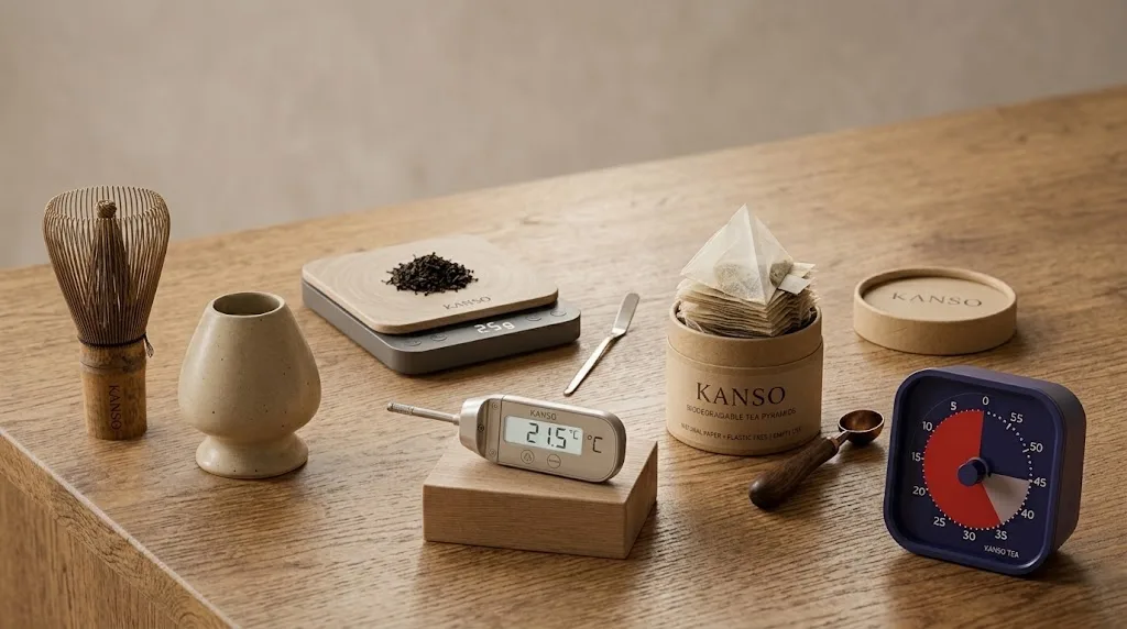 The Kanso tea tools laid out on a wooden counter